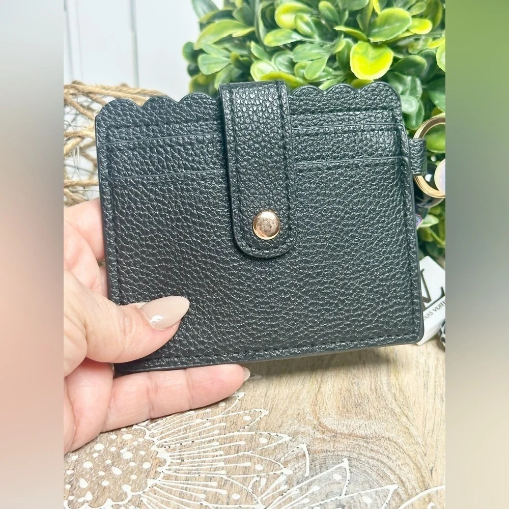 Card Holder Wristlet with Handmade Beaded Keychain in Black